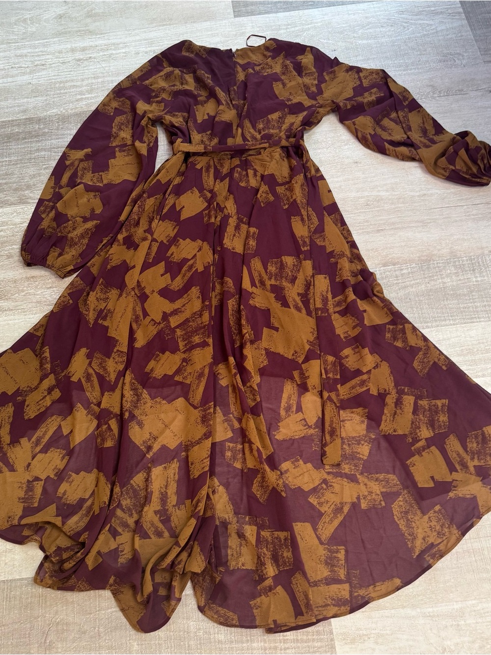 Women's Burgundy & Mustard Abstract Print Long Sleeve Wrap Dress